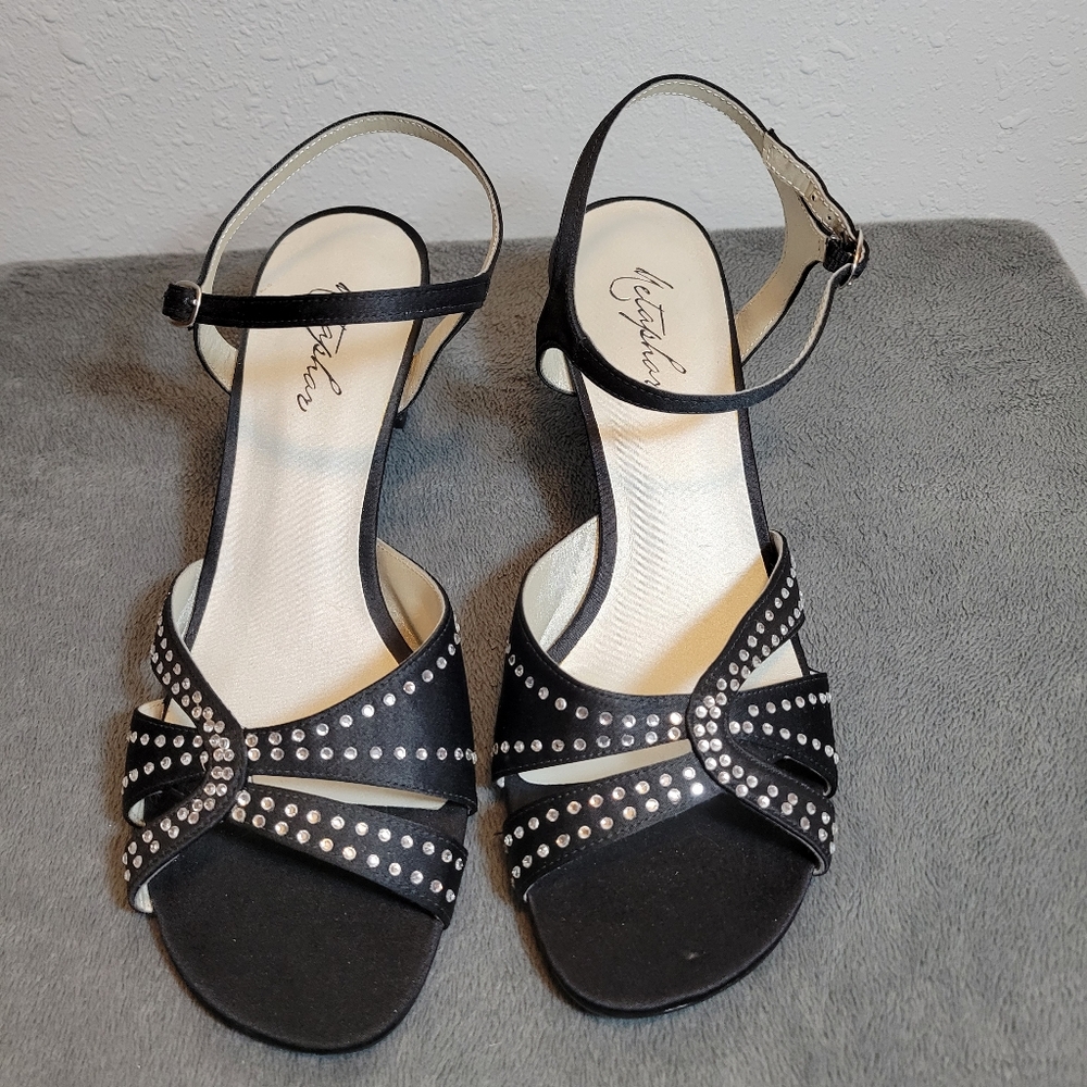 Metaphor 9M Rhinestone Black Open Toe Strap Heels